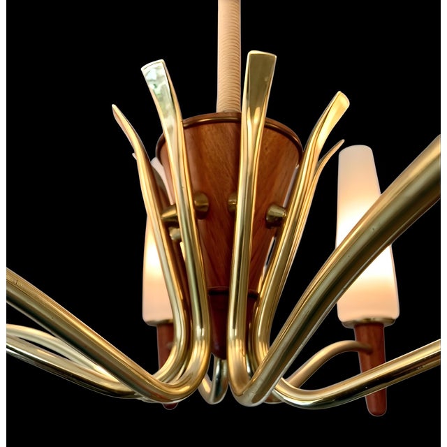 Large Mid-Century Modern Scandinavian Teak, Glass, & Brass Chandelier in the style of Stilnovo, 1960s For Sale - Image 6 of 14