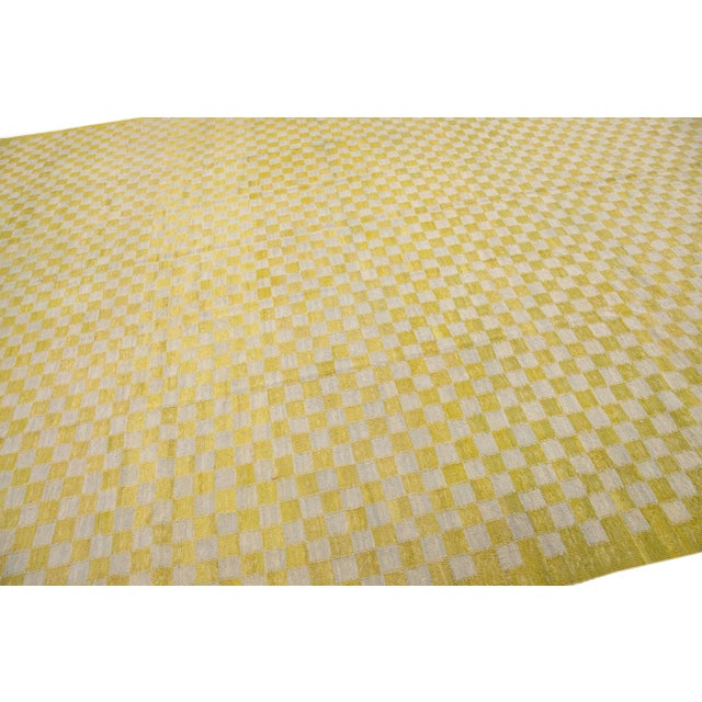 Vintage Kilim Yellow Handmade Wool Rug With Checker Motif For Sale In New York - Image 6 of 7