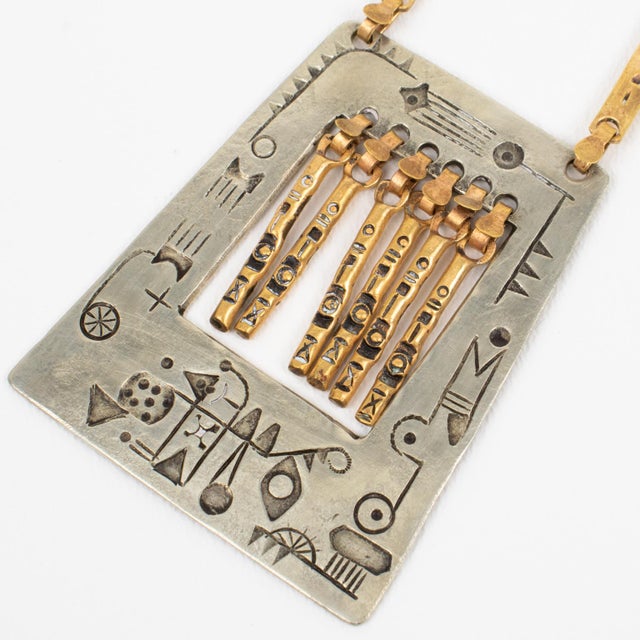 Modernist Brass and Silvered Metal Hieroglyph Ethnic Graffiti Necklace For Sale - Image 9 of 10