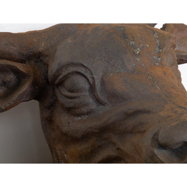 English 1930s-1940s Cast Iron Bull Wall Hanging Sculpture with Rusty Patina For Sale - Image 9 of 11