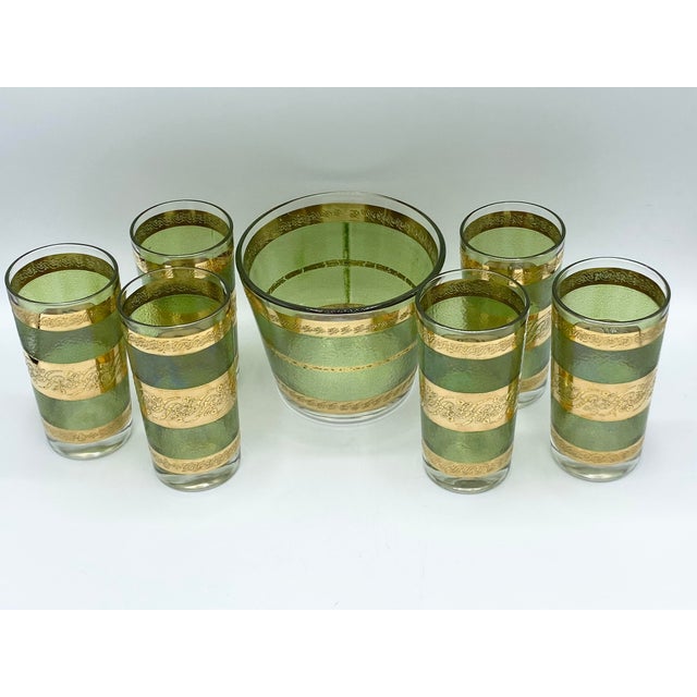 Mid Century Green and 22k Gold Highball With Glass Ice Bucket Cocktail