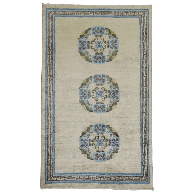 1930s Ivory Light Blue Brown 20th Century Hand Knotted Wool Tibetan Scatter Throw Rug - 2'11" x 4'10" For Sale - Image 5 of 18