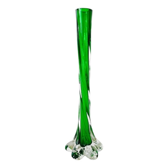 Vintage Twisted Green Glass Vase, 1950s For Sale