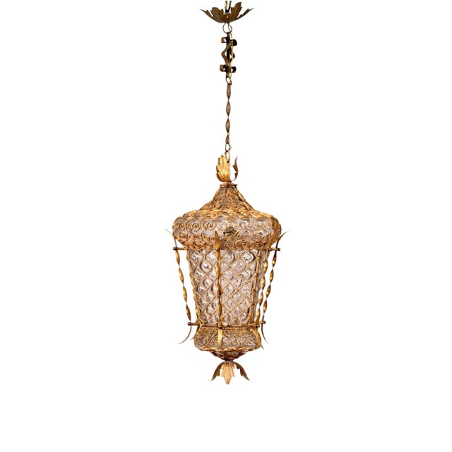 Mid-Century Venetian Mouth-Blown Glass Lantern in Gold Painted Metal Frame, 1940s For Sale - Image 6 of 18