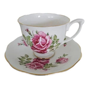Vintage Queen Anne Footed Tea Cup and Saucer Set, Floral Teacup and Trimmed in Gold