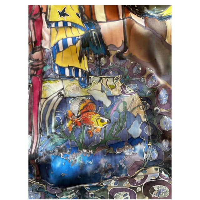 Mid Century European Water Colors Silk Painting Matisse Style Signed Multicolors For Sale In Los Angeles - Image 6 of 10