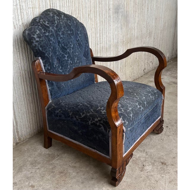 Pair of Art Deco Club Armchairs With Blue Ink Damask Velvet For Sale - Image 4 of 12