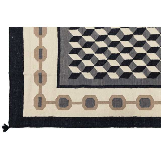 Textile Contemporary Navajo Style Geometric Wool Area Rug – Optical Cubes in Charcoa For Sale - Image 7 of 9