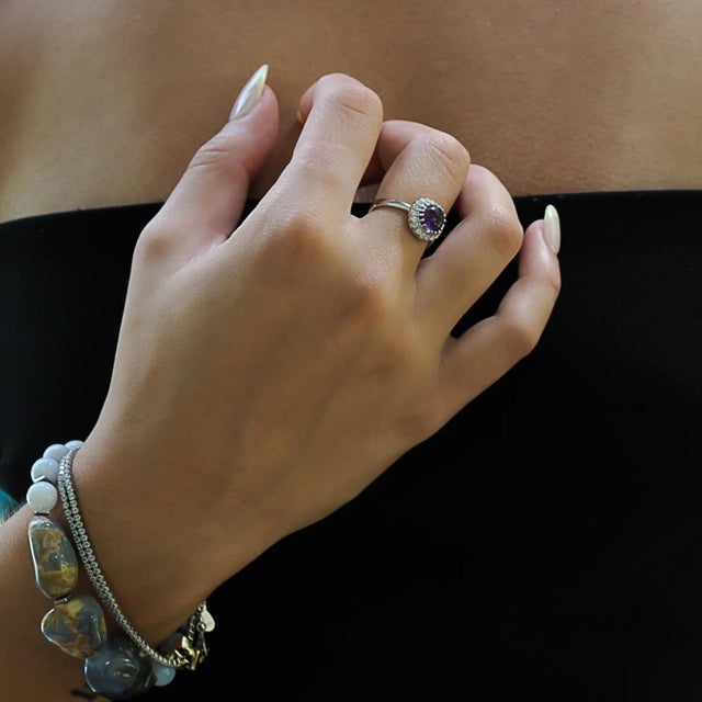 Early 21st Century Amethyst Gemstone Silver & Diamond Statement Ring, Size 7 For Sale - Image 5 of 9