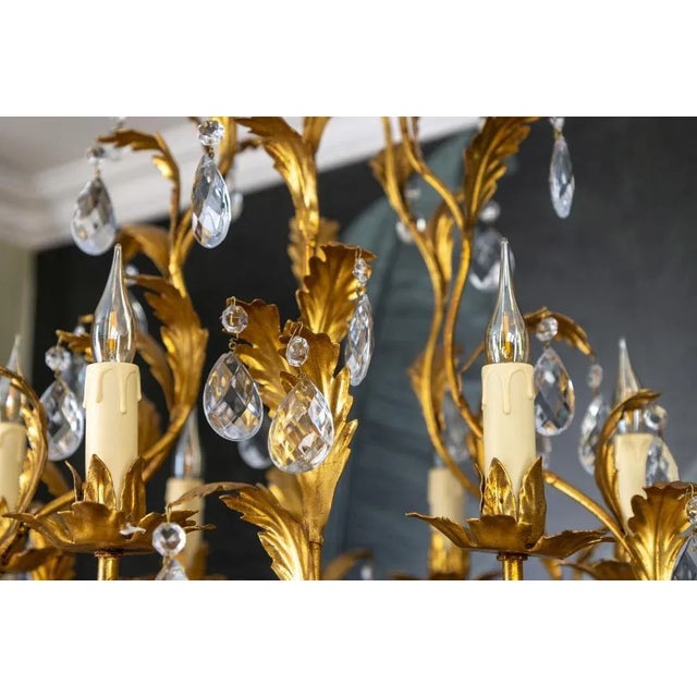 Hollywood Regency Style Gilt Metal and Crystal Glass Six-Light Chandelier, Italy For Sale - Image 11 of 18