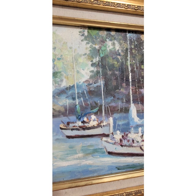 Paint 1970s Unknown Artist - Vibrant Ships in the Harbor Oil Painting Gold Frame For Sale - Image 7 of 12