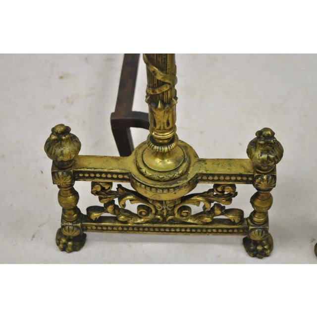 Early 20th Century Antique French Empire Style Flame Finial Brass and Cast Iron Andirons - A Pair For Sale - Image 5 of 10