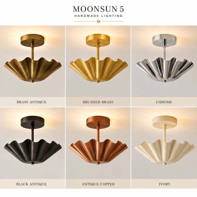 Metal Scalloped Brass Flush Mount Ceiling Light, Mid Century Modern Brass Ceiling Fixture, Flower Shade Semi Flush Light for Bedroom Hallway Foyer For Sale - Image 7 of 8