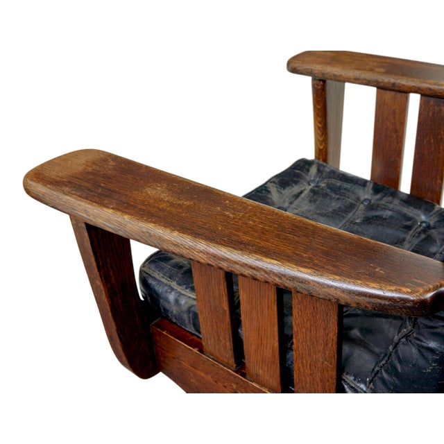 Black Antique Oak and Leather Rocking Chair, 1910 For Sale - Image 8 of 11