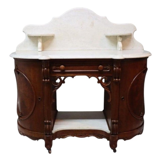 Carved Walnut & Burl Marble Top Server Desk With Candle Stands C1880 For Sale