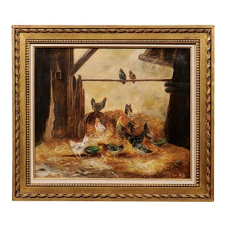 Late 19th Century Barn Scene with Roosters, Hens and Chickens Oil Painting, Framed For Sale