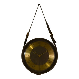 Black Leather and Brass Clock by Jacques Adnet, 1950s For Sale