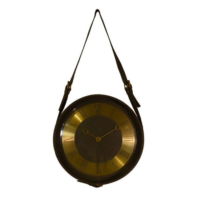 Black Leather and Brass Clock by Jacques Adnet, 1950s For Sale