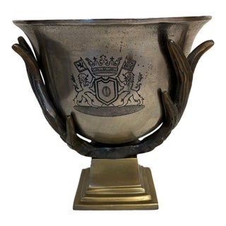 Vintage Hollywood Regency Heraldic Crest Ice Bucket With Antler Handles For Sale