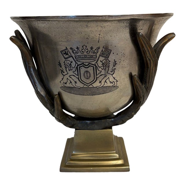 Vintage Hollywood Regency Heraldic Crest Ice Bucket With Antler Handles For Sale