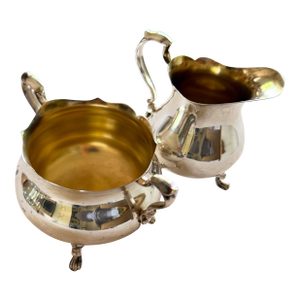 Vintage Poole Silver Co Silverplate Creamer & Sugar Bowl Set | Footed Silver Serveware