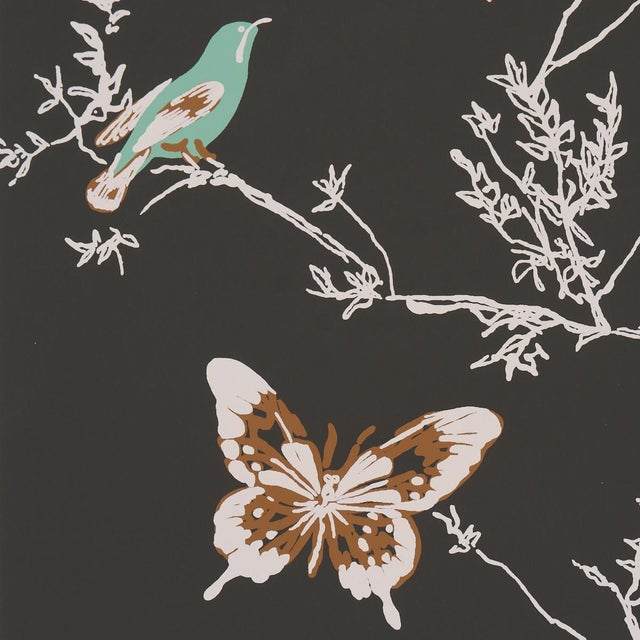 Contemporary Schumacher Birds & Butterflies Wallcovering In Graphite For Sale - Image 3 of 6