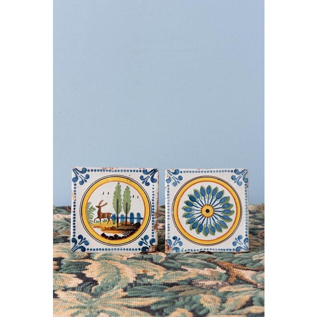 Cream Polychrome Stencilled Tiles from Nevers Faience, 1830, Set of 2 For Sale - Image 8 of 8