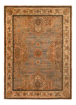 Hand Knotted Antique Oushak Style Rug in Blue and Pink Medallion Style