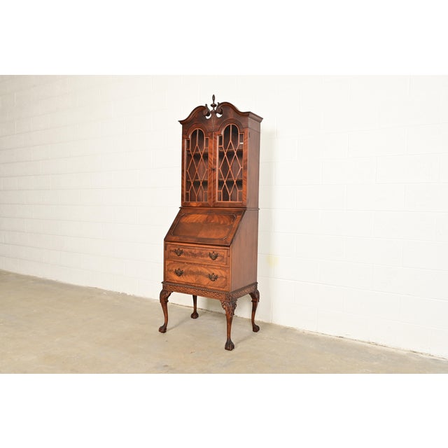 Chippendale Flame Mahogany Drop Front Secretary Desk With Bookcase Hutch by Saginaw Furniture, Circa 1920s For Sale - Image 18 of 18