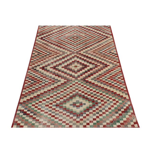 Traditional 1960s Vintage Turkish Rug in Red, Beige and Pink Geometric Pattern, Distressed For Sale - Image 3 of 7