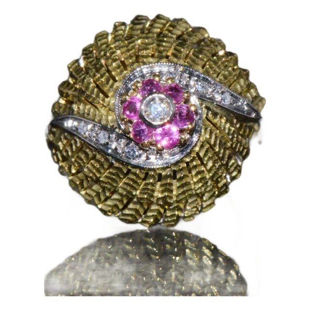Vintage Natural .50Cts VS G Diamond Ruby 18K Solid Gold 2 Tone Bombay Dome Ring, size 7.25 For Sale