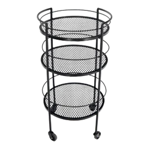 Round Three Tier Perforated and Wrought Iron Metal Serving Cart Tray