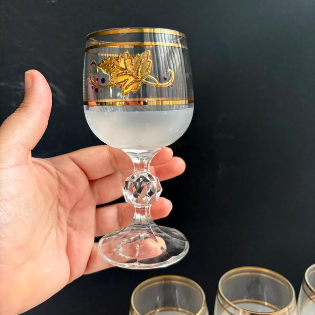 1960s Vintage Bohemia Crystal Wine Glasses – Crystalex Boc47 Pattern – Frosted Bowl, Gold Leaf & Purple Dots – 5 1/2" Tall For Sale - Image 5 of 9