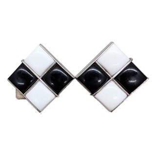 Vintage 1950s Signed Napier Square Silvertone Black & White Resin Checkered Clip Earrings-2 Pieces For Sale