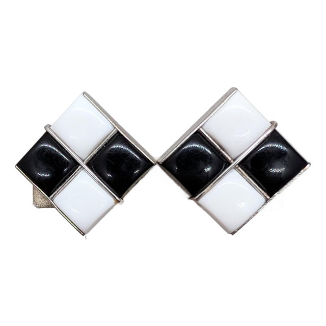 Vintage 1950s Signed Napier Square Silvertone Black & White Resin Checkered Clip Earrings-2 Pieces For Sale