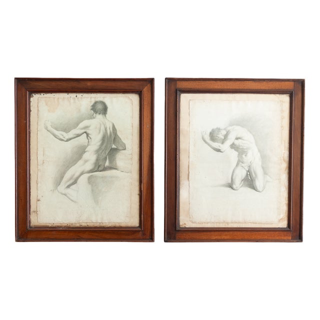 Neoclassical Artist, Academic Nudes, Early 19th Century, Pencil Drawings, Framed, Set of 2 For Sale
