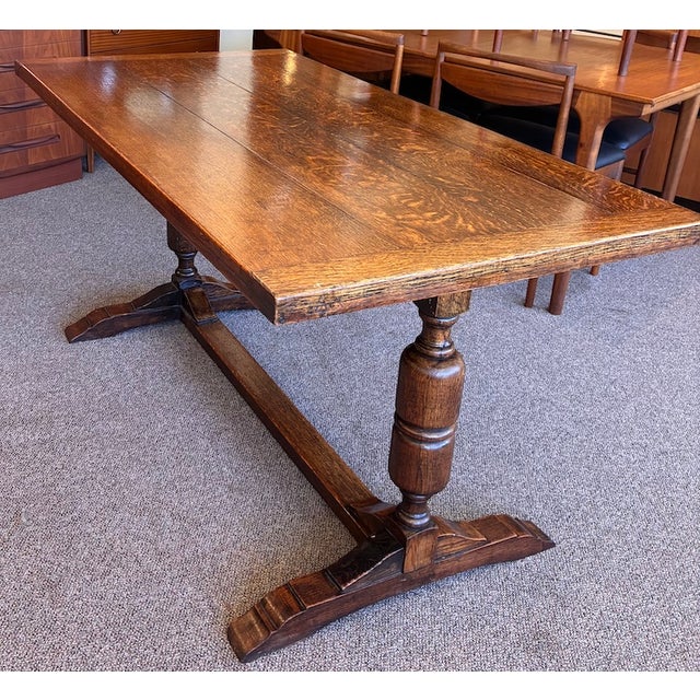 Vintage Jacobean English Oak Refectory Dining Table c.1920 Quality Built - Double Pedestal Cross Trestle Base - UK Import...