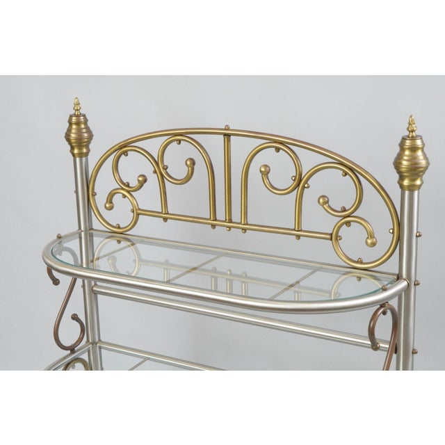 Vintage Small French Style Bakers Rack Scrolling Steel & Brass Glass