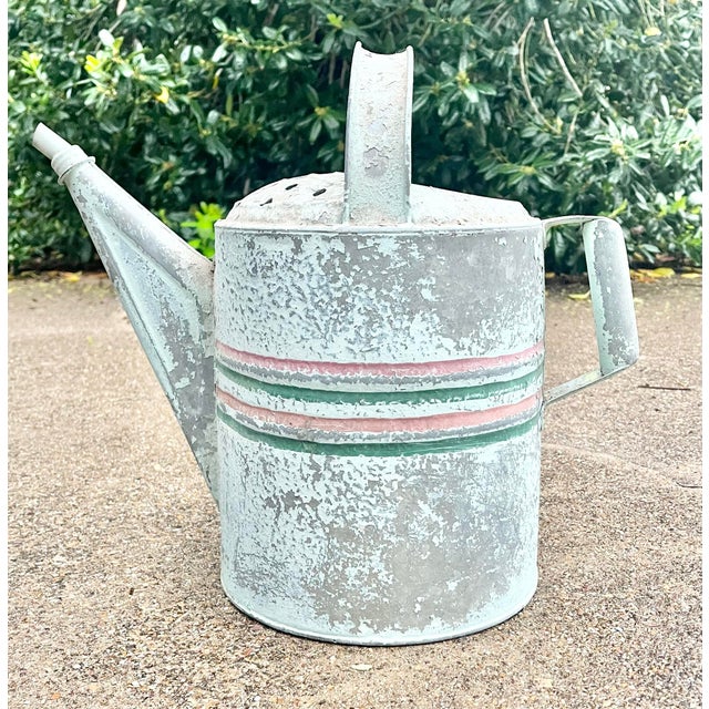1940s Vintage Painted Striped Farmhouse Galvanized Garden Watering Can 14” 2.5g Good vintage condition. No holes. Paint...