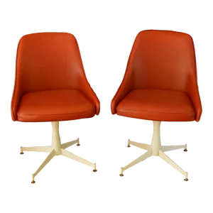 1970s Vintage Progressive Furniture Co. Red Vinyl Swivel Base Chairs- Set of 2