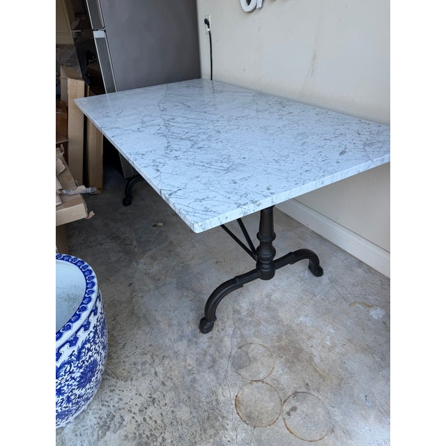 2020s Williams Sonoma La Coupole Carrara Marble & Iron Dining Table, 72” For Sale - Image 5 of 5