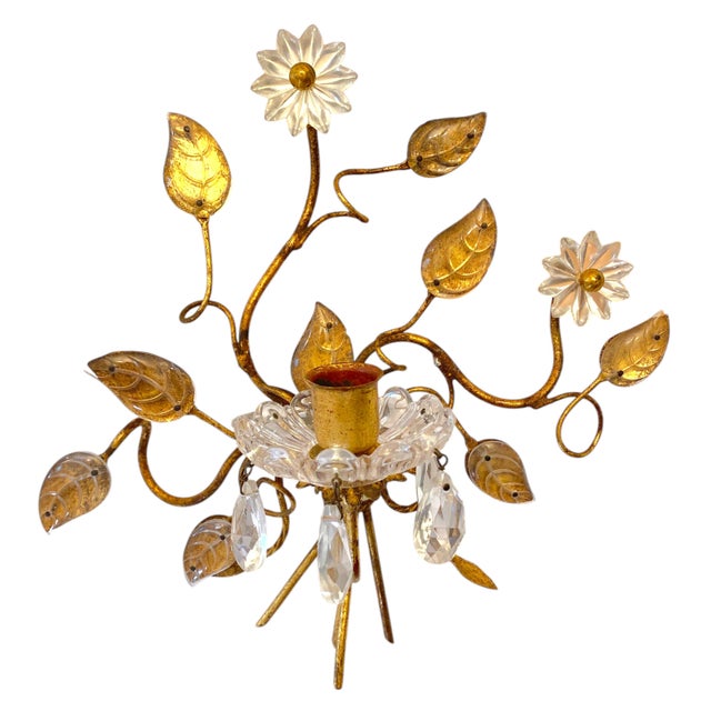 Beautiful pair of Maison Baguès style gilt brass and crystal sconces. Each is approximately 11.5"H x 11.5"W x 4.5"D