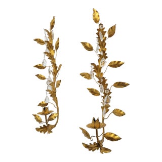 Vintage Italian Florentine Gold Gilt Crystal Prisms Candle Wall Sconce Holders - a Pair For Sale