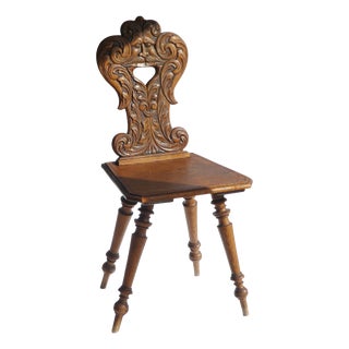 Antique Alpine Folk Art Oak Chair with Carved Face Mask For Sale