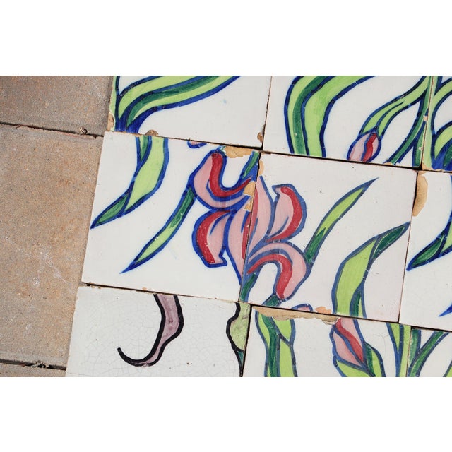 Ceramic 1900s Antique Portuguese Art Nouveau Assembled Group of 15 Tiles With Stylized Iris Motif For Sale - Image 7 of 14