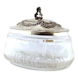 Cut Glass Candy Box with Cut-Out Handle Lid and Floral Reliefs For Sale