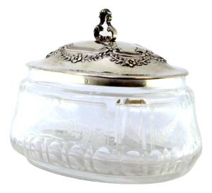 Cut Glass Candy Box with Cut-Out Handle Lid and Floral Reliefs