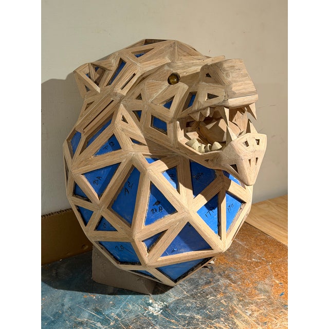 Handcrafted Gold Lion Sculpture Oak and Mirror Contemporary Art For Sale - Image 4 of 8