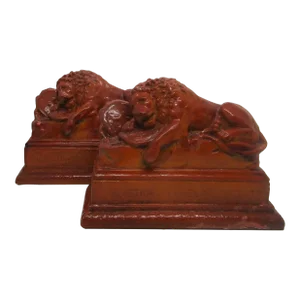 1950s Helvetiorum Fidei Ac Virtuti Chalkware Sculptures of Lion of Lucerne Bookends - a Pair