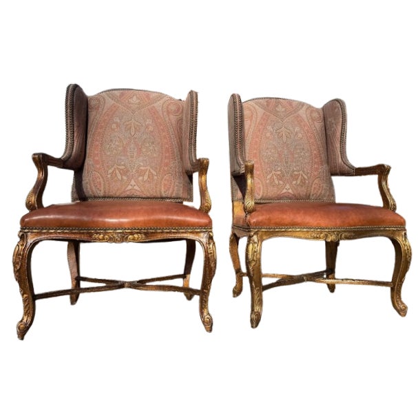 A Pair of Custom Ralph Lauren Wingback Lounge Chairs Upholstered in Leather and Paisley For Sale - Image 13 of 18